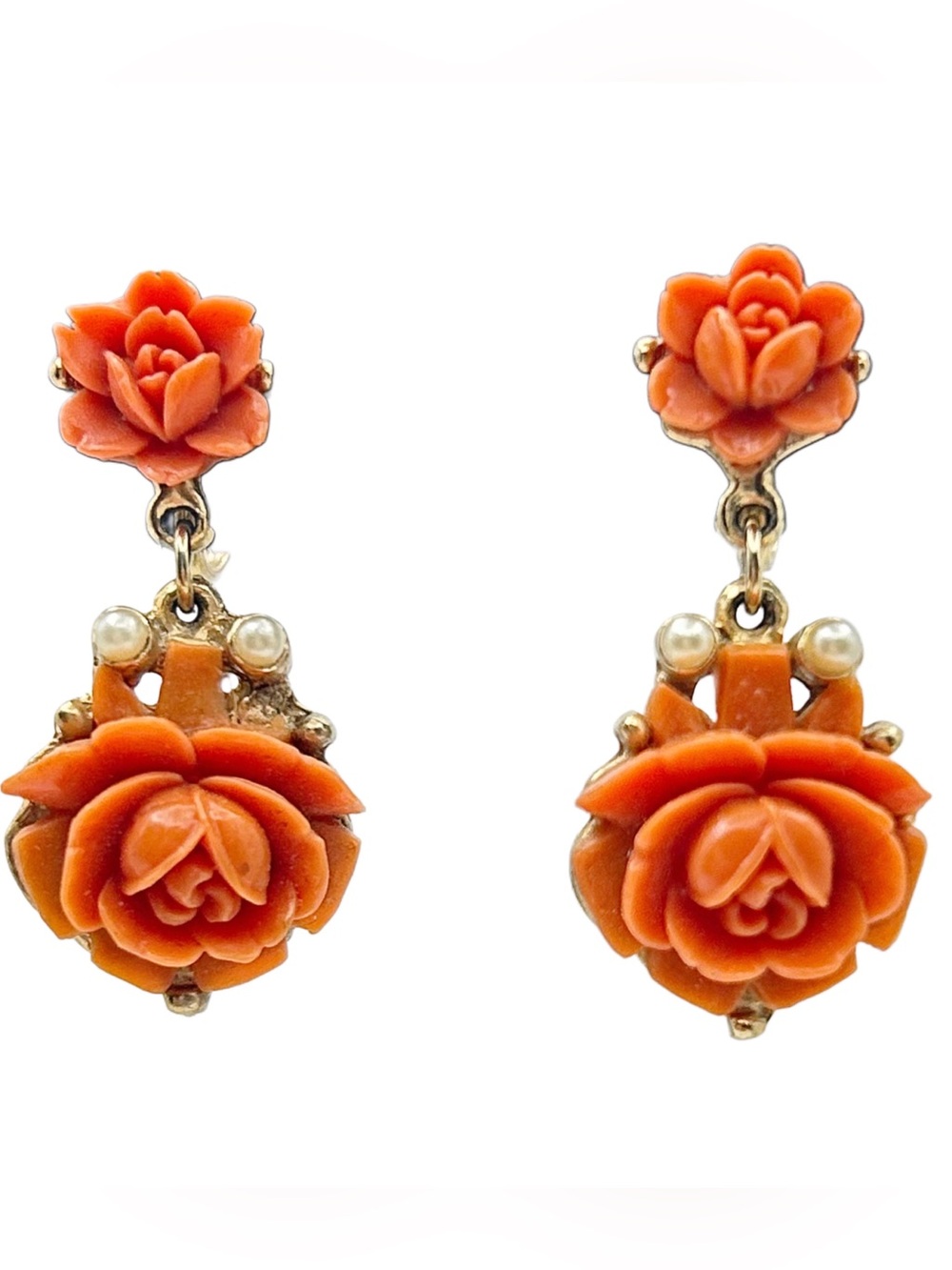 Vintage Antique Signed Japan Gold Tone Faux Coral and Pearl Rose Drop Earrings